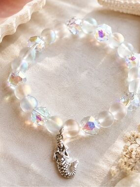 Iridescent Beaded Bracelet with Mermaid Charm / Coastal / Beachy handcrafted